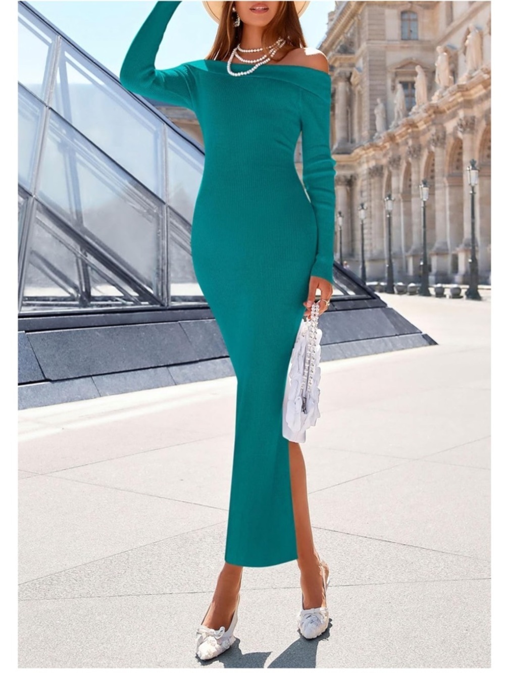 Off-Shoulder Teal Ribbed Maxi Dress - Elegant Women’s Evening Dress M